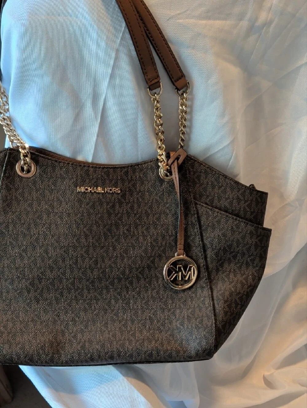 Michael Kors Brown Signature Chain-Accent Tote